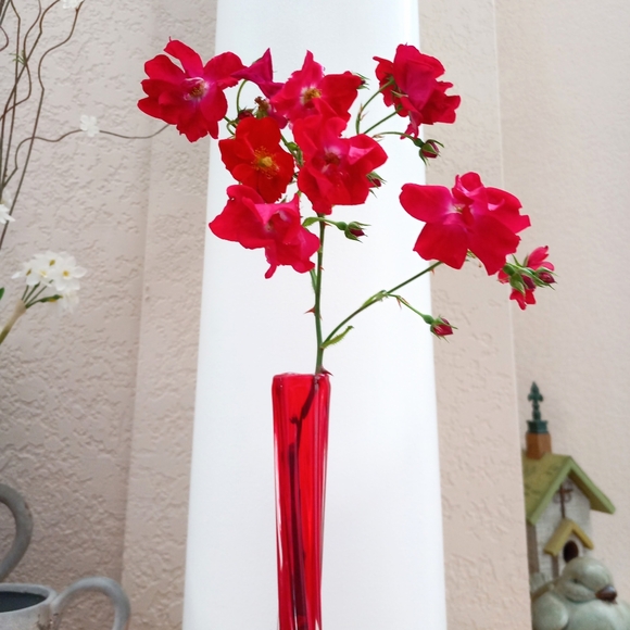 Red clear glass mid-century modern twisted stem vase - Picture 3 of 9